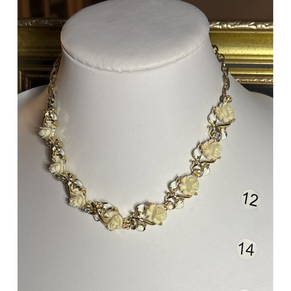 Cream Resin Rose Floral Necklace AB Rhinestone Gold Tone Cottagecore Statement